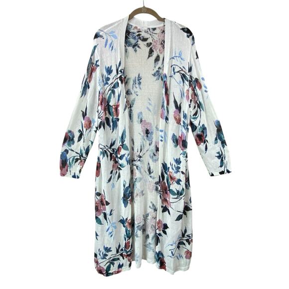 J. Jill Linen Blend Floral Long Cardigan Sweater Size L Tall White Beach Resort - Picture 1 of 9